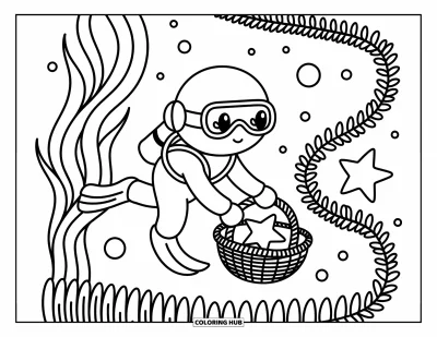 Coloriage d'océan pour adultes : Un plongeur souriant ramasse des coquillages près de clôtures de corail et d'algues, avec des bulles perles flottantes