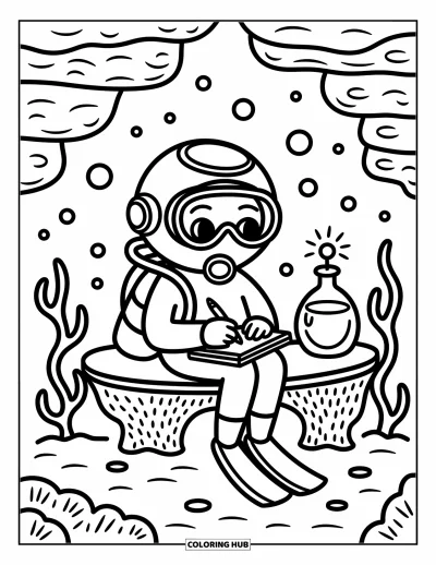 Coloriage d'océan pour adultes : Un plongeur pensif écrit près de lianes de bulles et d'une bouteille lumineuse sur un banc de corail douillet