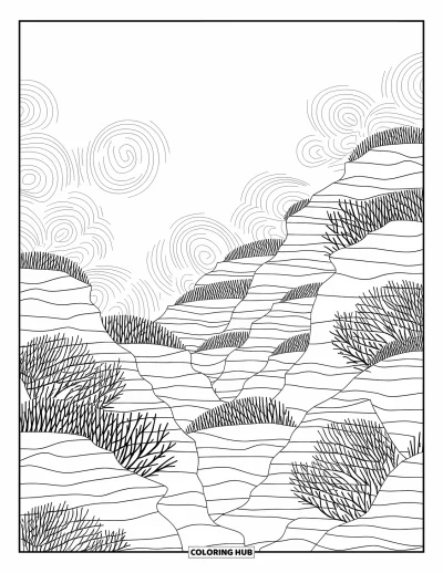 Coloriage d'océan pour adultes : Une scène de fond marin avec des falaises et des motifs de corail dérive doucement sur toute la feuille