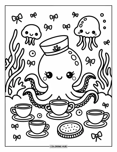 Coloriage d'océan pour adultes : Un poulpe en chapeau de marin prend le thé parmi des méduses, des nœuds d'algues et de minuscules tasses