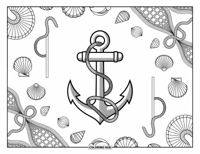 Coloriage d'océan pour adultes : Ancres, coquillages et filets se réunissent dans un mélange onirique de trésors marins
