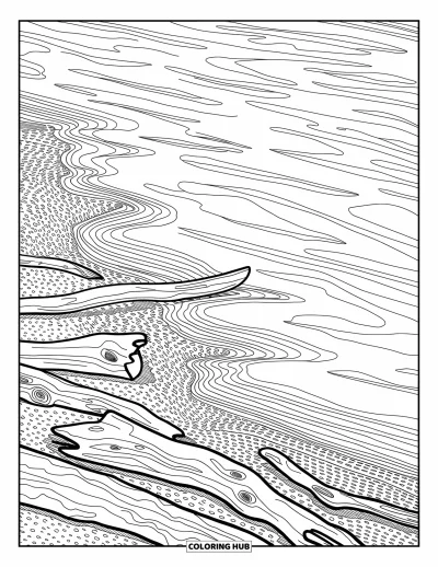 Coloriage d'océan pour adultes : Des ondulations de plage et du bois flotté épars créent une scène de rivage calme et aérée
