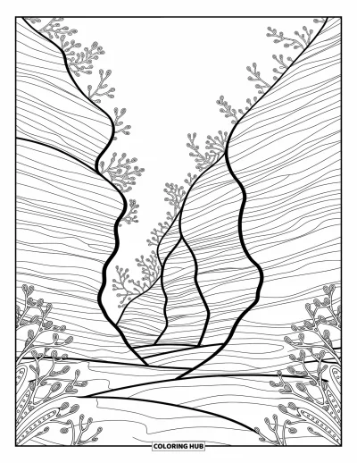Coloriage d'océan pour adultes : Des parois de canyon courbées et des lignes tourbillonnantes révèlent la beauté tranquille des profondeurs océaniques