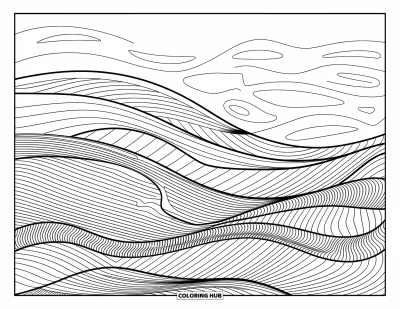 Coloriage d'océan pour adultes : Des couches océaniques courbes ondulent vers des formes apaisées et de douces lignes sous-marines