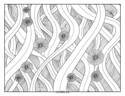 Coloriage d'océan pour adultes : Du varech fluide forme des boucles dans l'eau, avec de petits coquillages nichés entre les tiges