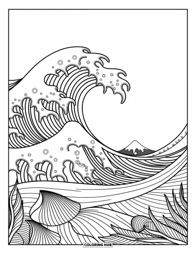 Coloriage d'océan pour adultes : Des courbes écumeuses et des motifs de coquillages tourbillonnent autour d'une crête de vague en doux mouvement