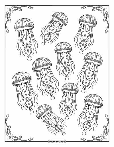 Coloriage d'océan pour adultes : Des méduses gracieuses flottent ensemble, chacune avec des motifs uniques et des tentacules souples
