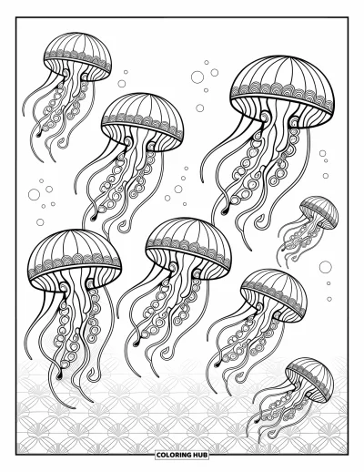Coloriage d'océan pour adultes : Des méduses flottent doucement en harmonie de motifs, avec des filaments souples et des formes répétées en fond