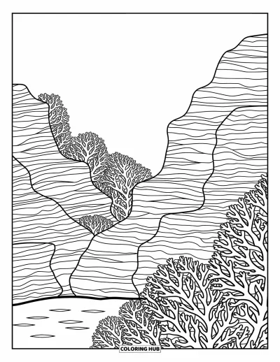 Coloriage d'océan pour adultes : Des falaises en couches et des motifs coralliens créent un paysage océanique fluide et serein