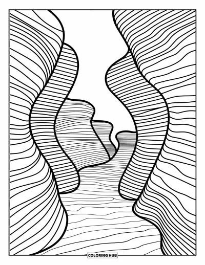 Coloriage d'océan pour adultes : Du sable en couches et des courants tourbillonnants dessinent un canyon sous-marin paisible plein de détails cachés