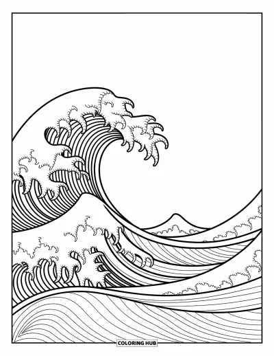 Coloriage d'océan pour adultes : Des vagues pleines de mouvement se replient doucement, entourées de motifs gracieux et de formes océaniques calmes