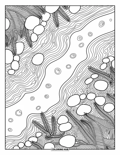 Coloriage d'océan pour adultes : Des galets et des plantes reposent dans une flaque de marée calme avec des lignes fluides et de doux reliefs