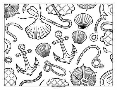 Coloriage d'océan pour adultes : Coquillages, ancres et filets reposent ensemble dans une composition marine calme et douillette