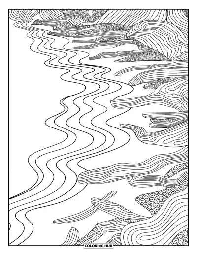 Coloriage d'océan pour adultes : De doux motifs de sable s'étirent le long de la plage avec quelques morceaux de bois flotté