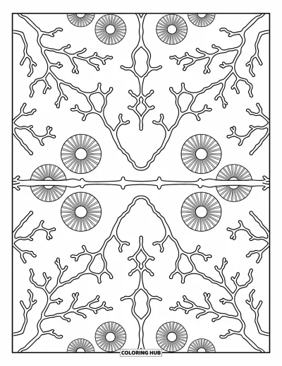 Coloriage d'océan pour adultes : Corail symétrique et anémones de mer fleurissent sur toute la feuille avec des touches décoratives fluides