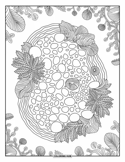 Coloriage d'océan pour adultes : De minuscules formes de vie marine et des frondes végétales se posent dans une flaque de marée détaillée et paisible