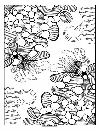 Coloriage d'océan pour adultes : Vagues et plantes se mêlent dans une scène de flaque de marée remplie de formes naturelles et de textures douces