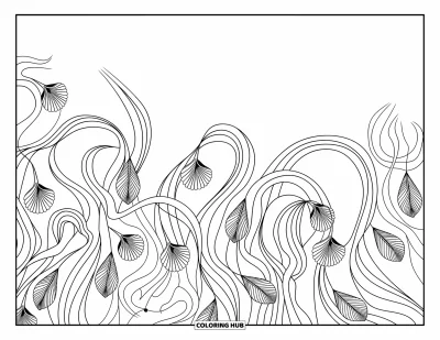 Coloriage d'océan pour adultes : Du varech ondulé et de petits coquillages dérivent ensemble dans une paisible scène de forêt sous-marine