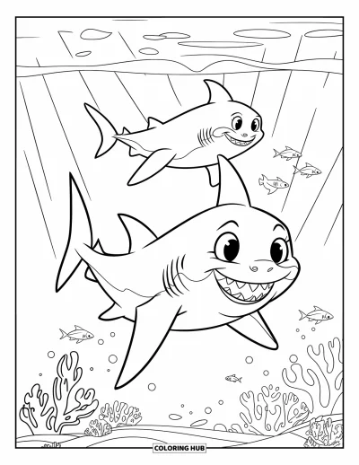 Coloriage d'océan pour enfants : Un bébé requin suit son parent dans une eau ensoleillée, avec du corail et des poissons nageurs