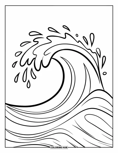 Coloriage d'océan pour enfants : Une grande vague ondulée éclabousse doucement, avec des gouttelettes dispersées tout autour