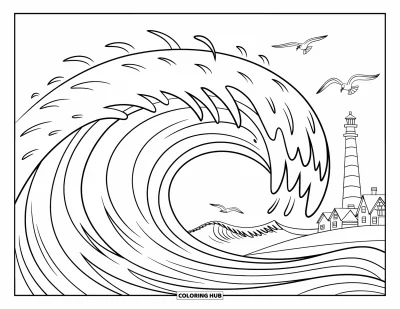 Coloriage d'océan pour enfants : Une grande vague écumeuse roule joyeusement vers le rivage, avec des mouettes qui volent au-dessus