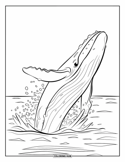 Coloriage d'océan pour enfants : Une baleine bondissante fait une éclaboussure tandis que des vagues ondulent doucement à l'arrière-plan
