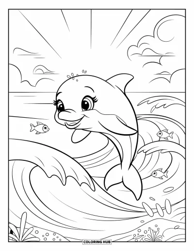 Coloriage d'océan pour enfants : Un dauphin joyeux saute dans des vagues calmes avec des poissons et des nuages duveteux à proximité