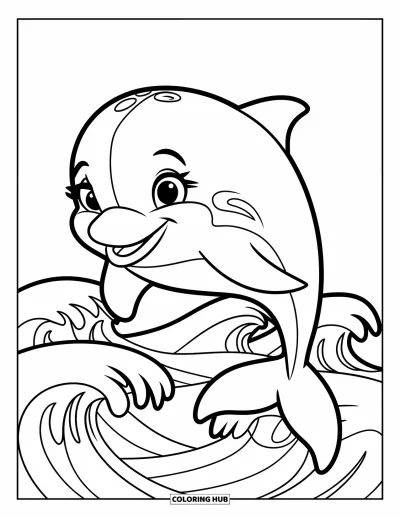 Coloriage d'océan pour enfants : Un dauphin joyeux saute au-dessus de vagues lisses avec une éclaboussure lumineuse et heureuse