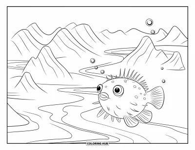 Coloriage d'océan pour enfants : Un poisson-globe souriant flotte près de reliefs sous-marins avec des bulles et des traînées de sable