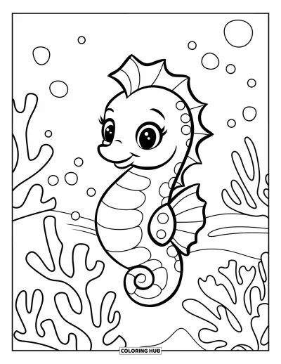 Coloriage d'océan pour enfants : Un hippocampe joyeux repose sur une branche de corail avec des bulles tout autour