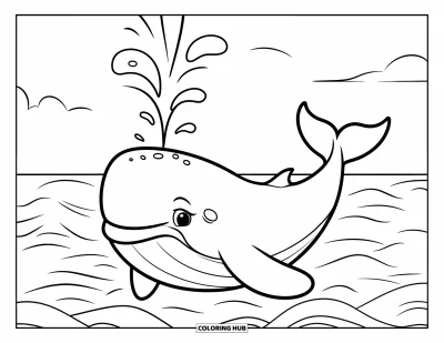 Coloriage d'océan pour enfants : Une baleine potelée souffle de l'eau avec joie en nageant dans de douces vagues