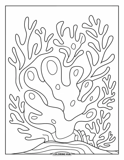 Coloriage d'océan pour enfants : Un corail percé de trous et de feuilles se courbe doucement à côté de plus petits coraux