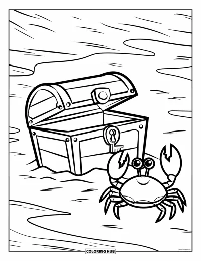 Coloriage d'océan pour enfants : Un crabe fait face à un coffre au trésor enfoui dans le sable, près de douces vagues sur la plage