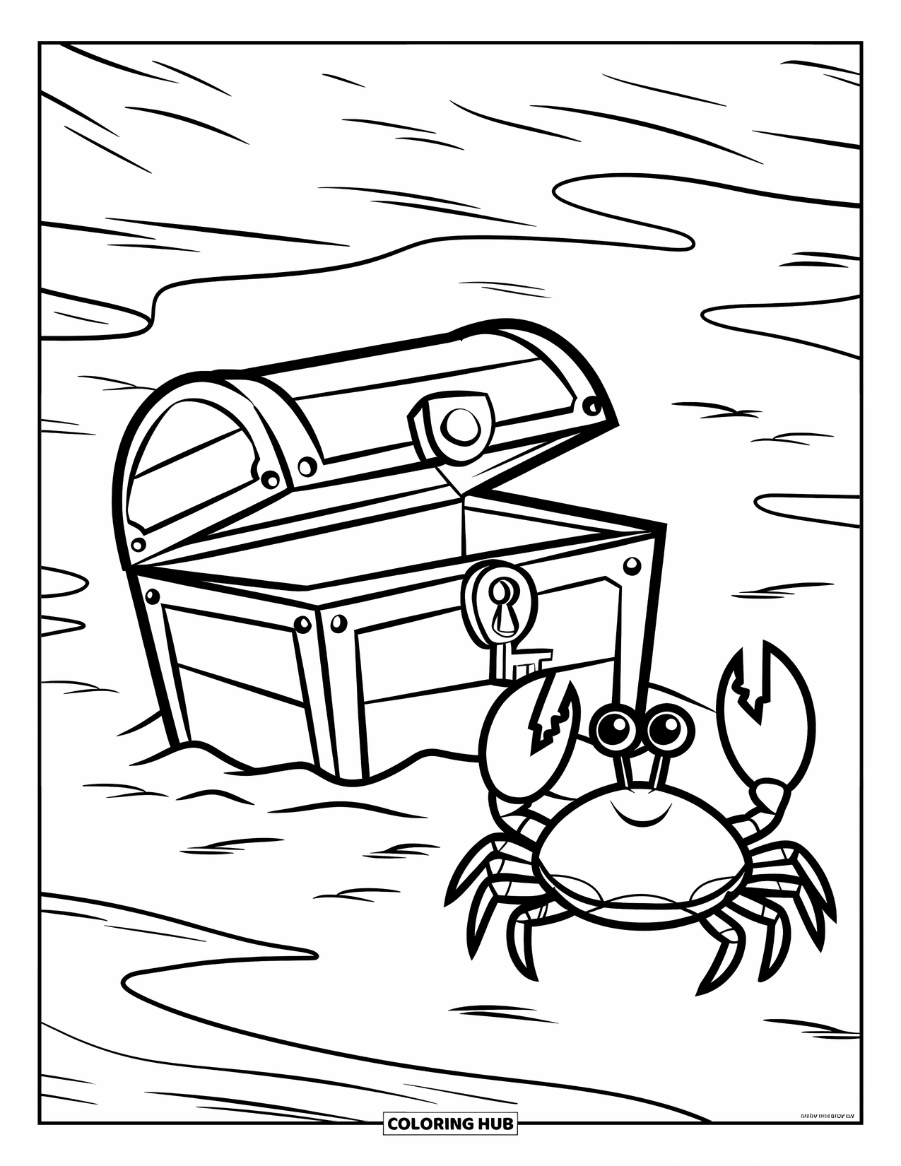 Desen de colorat cu ocean pentru copii: Un crab stă în fața unei cufere cu comori îngropată în nisip, lângă marginea valurilor blânde ale plajei