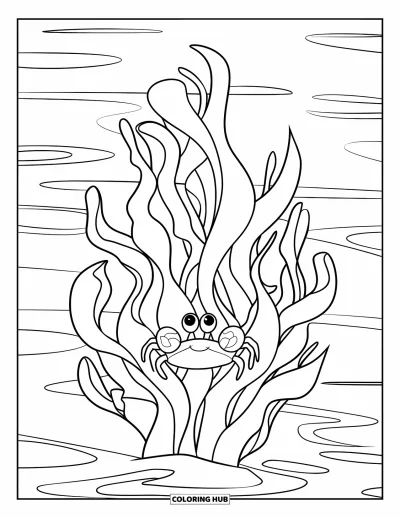 Coloriage d'océan pour enfants : Un crabe sourit derrière des algues ondulées dans une eau calme et frémissante