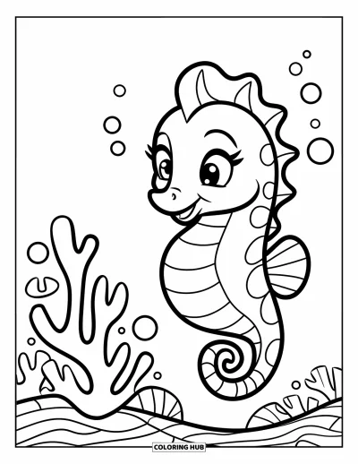 Coloriage d'océan pour enfants : Un hippocampe adorable flotte près du corail avec de petites bulles tout autour