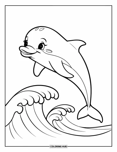 Coloriage d'océan pour enfants : Un dauphin au grand sourire saute joyeusement au-dessus de douces vagues océaniques