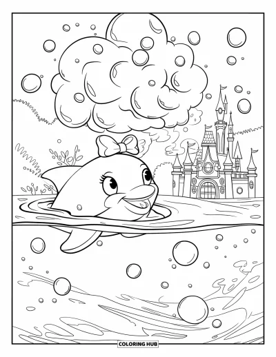 Coloriage d'océan pour enfants : Un dauphin avec un nœud papillon sourit pendant que des bulles montent près d'un château