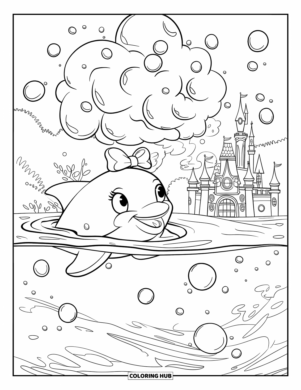 Desen de colorat cu ocean pentru copii: Un delfin cu papion zâmbește în timp ce bulele se ridică lângă un castel