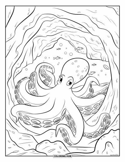 Coloriage d'océan pour enfants : Un poulpe géant enroule ses bras autour de rochers dans une grotte sous-marine silencieuse