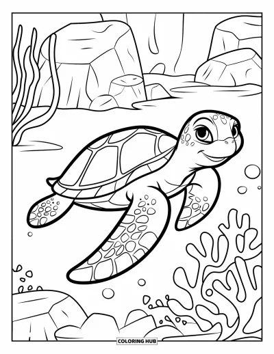 Coloriage d'océan pour enfants : Une tortue heureuse nage près de rochers et de plantes dans une ambiance claire et joyeuse