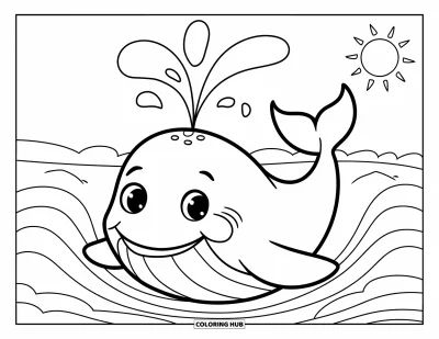 Coloriage d'océan pour enfants : Une baleine heureuse souffle de l'eau sous un ciel ensoleillé et de petites vagues