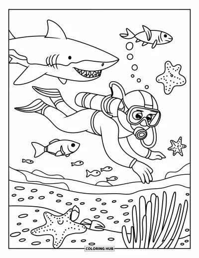 Coloriage d'océan pour enfants : Un plongeur casqué rencontre des amis de l'océan comme un requin, un crabe et une étoile de mer sur le fond marin