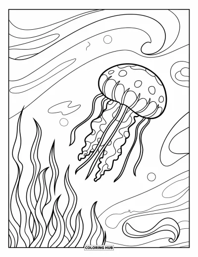 Coloriage d'océan pour enfants : Une méduse flotte près de plantes marines ondulées, entourée de doux tourbillons sous-marins