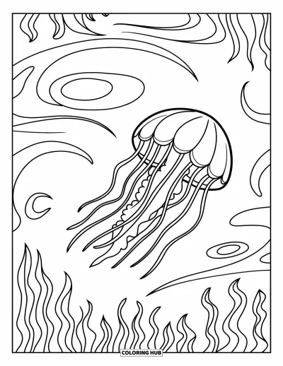 Coloriage d'océan pour enfants : Une méduse aux tentacules fluides dérive doucement près de plantes marines et de motifs d'eau délicats