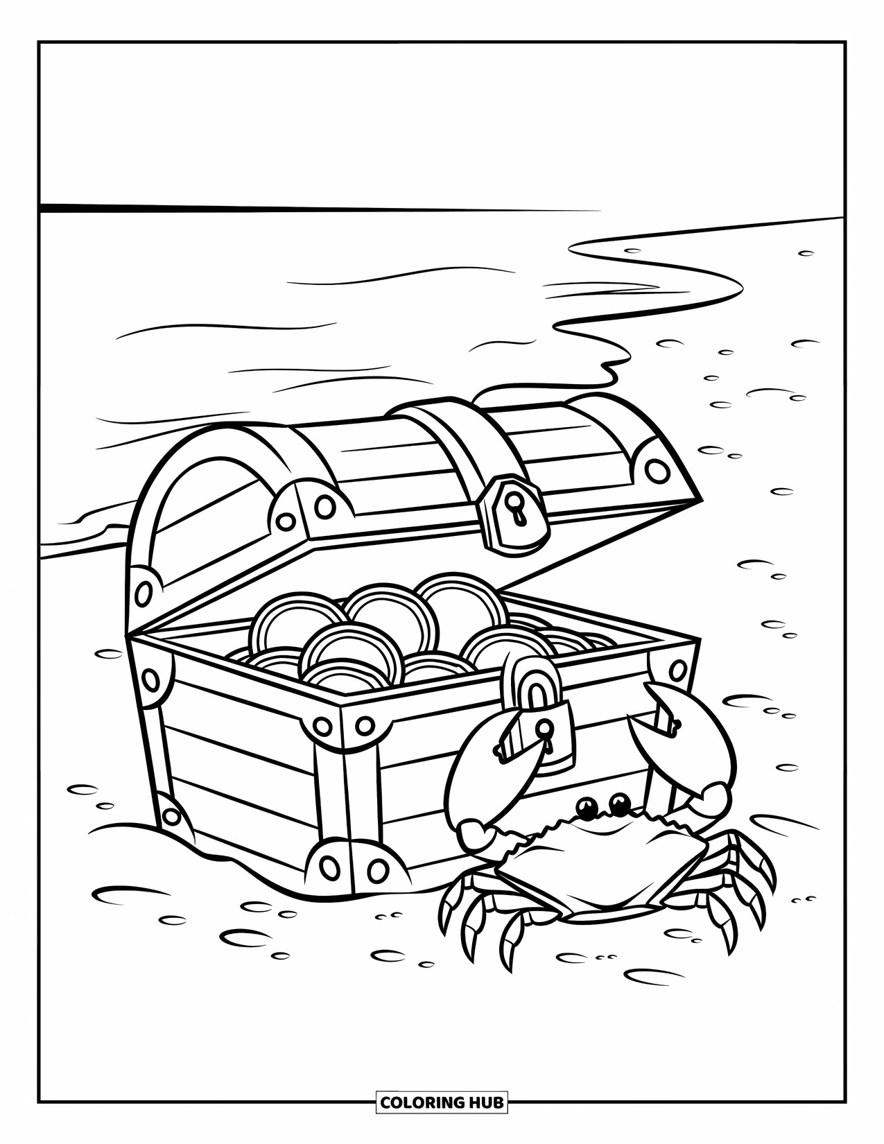 Desen de colorat cu ocean pentru copii: O cufăr încuiată și un crab stau pe o plajă liniștită, cu monede de aur ieșind