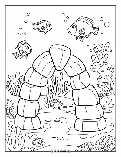 Coloriage d'océan pour enfants : Une arche rocheuse s'élève sous l'eau avec un poisson, un crabe et une étoile de mer