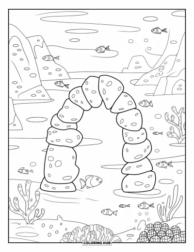Coloriage d'océan pour enfants : Une arche rocheuse se dresse sous l'eau, entourée de poissons, de plantes et de coraux