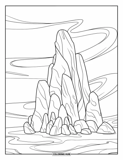 Coloriage d'océan pour enfants : Une formation rocheuse sous-marine se balance avec de doux courants dans une eau claire et tranquille