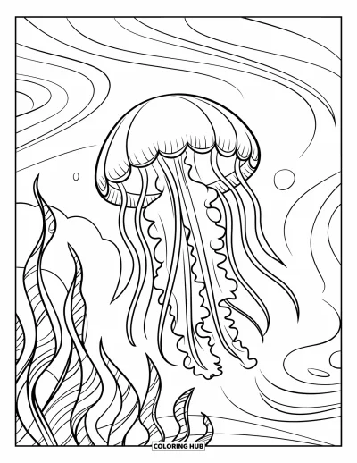 Coloriage d'océan pour enfants : Une méduse ronde flotte près de plantes marines ondulées et glisse dans des motifs sous-marins tourbillonnants